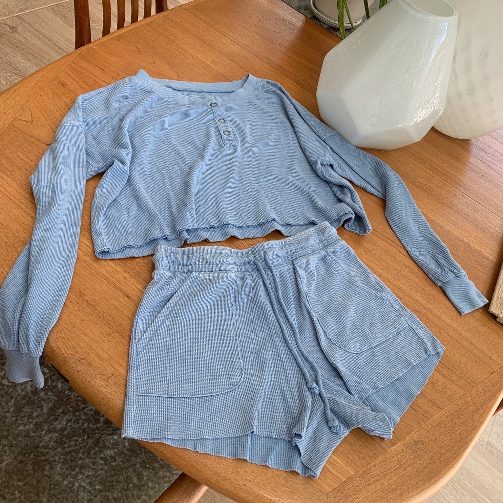 Waffle Knit Lounge Set- Blue Wash